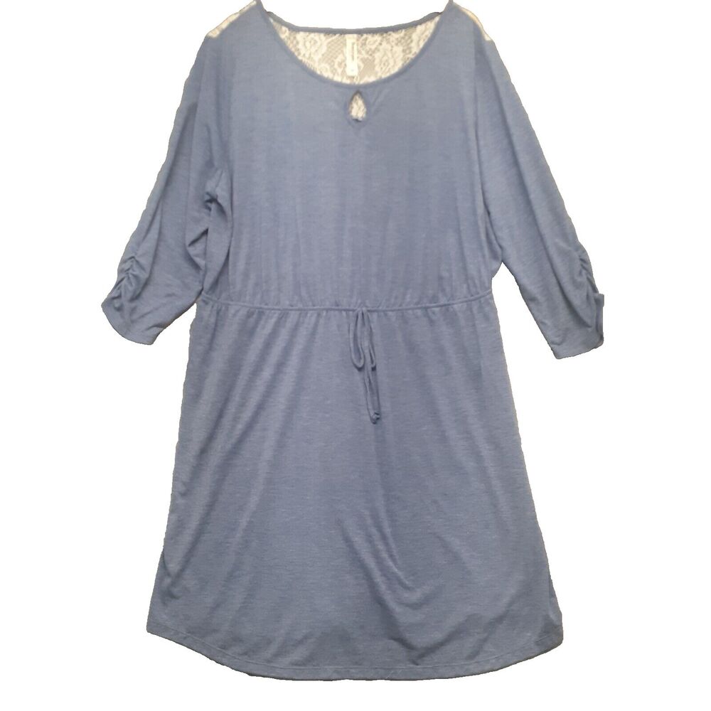 b&b Boutique Plus Women Sz 3X Blue T-Shirt Dress 3/4 Sleeves Lace Back Tie Waist